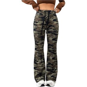 MakeMeChic Women's Camo Drawstring Pants Bell Bottom Trousers Active Sweatpants