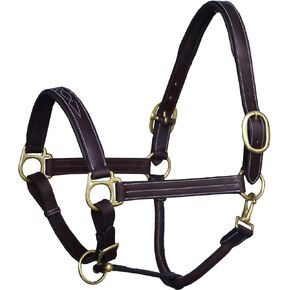 Exion Triple Fancy Stitched Padded Cushioned Leather Horse Halter-Brass Buckles | Adjustable Chin and Throat Snap Halter | Replaceable Crownpiece Halter | Black, Brown | Over, Full, Cob, Pony Size