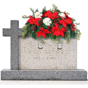 Christmas Cemetery Decorations for Grave Headstone Flower Saddle Artificial Flower Saddles Red Poinsettia Outdoor Memorial Headstone Flower Realistic Bouquet(Red and White,Elegant Style)