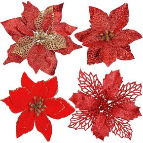 24 Pcs 4 Styles Christmas Silver Metallic Mesh Glitter Artificial Poinsettia Flower Stems Tree Ornaments in Box for White Silver Christmas Tree Wreaths Floral Gift Winter Wedding Holiday Decoration