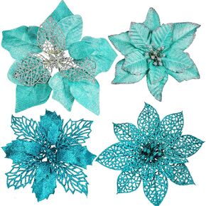 24 Pcs 4 Styles Christmas Silver Metallic Mesh Glitter Artificial Poinsettia Flower Stems Tree Ornaments in Box for White Silver Christmas Tree Wreaths Floral Gift Winter Wedding Holiday Decoration