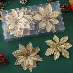 24 Pcs Red Christmas Poinsettia Flowers, Boxed Artificial Christmas Flowers, Glitter Christmas Tree Ornaments Decorations for Xmas Wedding Holiday Home Decor, 5.9 in