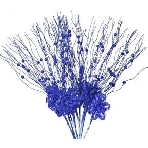 10pcs Artificial Glitter Poinsettia Flower Berry Stem Ornaments Christmas Tree Picks Branches for Xmas Tree Decorations Gift Home Wedding Holiday Party Decor, Royal Blue