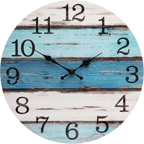 Wall Clock 12 Inch Imitation Wood Silent Non-Ticking Indoor Clock Round Blue Decor Clock Rustic Minimalist Battery Operated Wall Clocks for Farmhouse, Hotel, Bedroom, Living Room, Kitchen