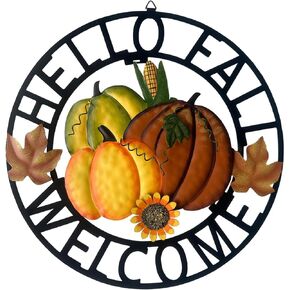 Metal Hanging Pumpkins Harvest Garden Wreaths Fall Thanksgiving Front Door Yard Decor,Autumn Fall Door Welcome Signs for Patio Fence Outdoor Decorations