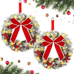 2 Pcs Mini Christmas Wreath with Lights 14 Inch Small Xmas Wreath for Front Door with Large Red Bow Pinecones Red Berries and Snowy Flocked for Gate Wall Xmas Holiday Decoration