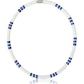 Native Treasure 16" Mens and Womens Summer Beach Surfer Necklace From the Philippines, White Ark Shells and Dodger Blue Coconut Beads