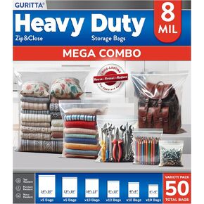 Extra Heavy Duty Zip Top Bags Mega Combo, 6 to 8mil Reusable Poly Bag for Food, Camping, Fishing, Sports, Tools Equipment, 6 Ziplock Sizes, 4"x6", 6"x8", 8"x10", 10"x12", 13''x18'', 16''x20'' 50 Pcs