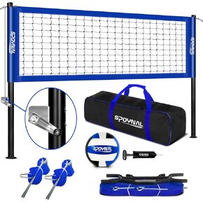Outdoor Portable Volleyball Net Set with Adjustable Height Steel Poles, Volleyball, Anti-sag Winch System, Pump, Boundary Line, and Carry Bag for Backyard, Beach, Lawn