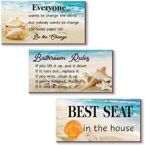 3 Pieces Bathroom Rules Wall Decor Beach Bathroom Rules Wall Art Funny Ocean Beach Bathroom Rules Signs Best Seat in The House Bathroom Sign for Bathroom Toilet Wall Decor (Ocean 10x5 inch)