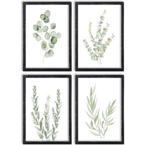 Botanical Wall Decor Sign 16x11 Inch Set of 4 Sage Green Plants Wood Framed For Boho Bathroom Modren Farmhouse Bedroom Aesthetic Watercolor Living Room Art Wall Hanging (Wood)