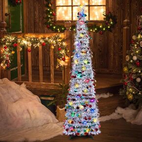 Red Christmas Tree Artificial POP-UP Tinsel Christmas Trees 5FT Battery Powered Pop Up Candy Xmas Decorations for Home Apartment Party Fireplace Indoor Outdoor