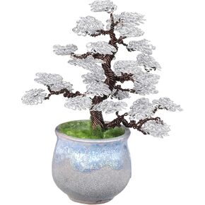 Amogeeli Aluminum Wire Tree Artificial Bonsai with Ceramic Pot, Handmade Fengshui Money Tree Sculpture Home Decor for Luck & Wealth, White