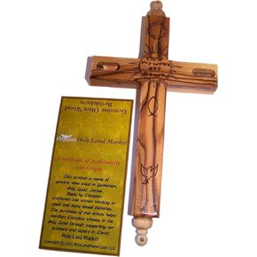 Holy Land Market Hanging Olive Wood Guardian Cross for Family Protection With Biblical Scriptures And Embedded Relics