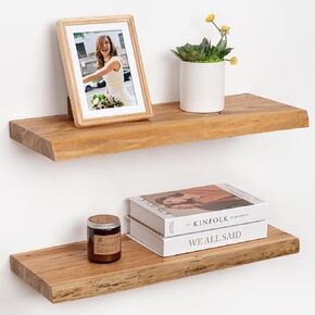 36" Rustic Elm Wood Floating Shelves for Wall, Live Edge 9.3 Inch Deep Wall Shelves for Storage, Wall-Mounted Display Shelves with Invisible Bracket for Living Room Bedroom Kitchen, Set of 2, Walnut