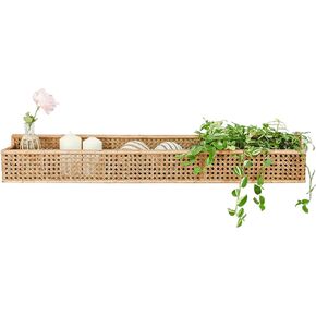 Boho Long Rattan Wall Shelf Farmhouse Woven Wall Mounted Shelf Basket Organizer Storage Rustic Floating Hanging Wall Shelf for Livingroom Home Decor
