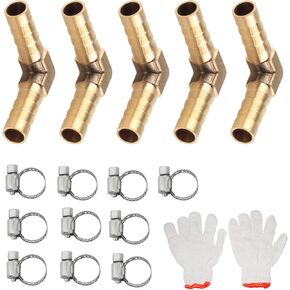 Barb Splicer 5 PCS Brass 5/16 Inch Hose Barb 90 Degree L Right Angle Barbed Fitting, with 10 Hose Clamps and 1 pair Gloves, for Air/Water/Fuel/Oil