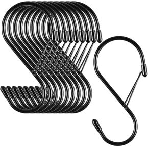 4 Inch S Hooks for Hanging with Safety Buckle, 10 Pcs Heavy Duty Metal S Hooks with Stopper Non Slip, Closet Hooks for Hanging Plants, Clothes, Kitchen Utensil, Pots, Pans, Bags (Black)