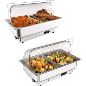 Garvee Home 2 Pack Electric Chafing Dishes Buffet Set,Roll Top Catering Chafer Server Food Warmer with Cover and 1 Full-Size Pan & 2 Half-Size Pans for Party Wedding Banquet