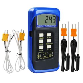 Thermocouple Thermometer Digital K Type Thermometer HVAC Thermometer Dual Temperature Meter with 4 Thermocouples, MAX/MIN/AVG Temperature Measurement, -50~1300°C (-58~2372°F), Blue