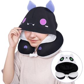 Travel Neck Pillow with Hood, Cute Bat Neck Pillow for Kids & Adults, Memory Foam Travel Pillow for Flight Headrest Sleep, Reversible Neck Pillow with Black Bat & White Bat