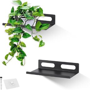 Adhesive Small Shelf for Wall - No Drill Black Metal Shelves with Lip Set of 2 Slim Narrow Medium Length - Wall Mount Storage Floating Display Rack for Kitchen Bathroom Dorm Apartment Office