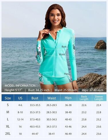 Kate Kasin Women's 3 Piece Rash Guard UV Sun Protection Long Sleeve Swimsuits Built-in Bra Zip Up Swim Shirts with Boyshorts in Saudi Arabia