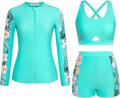Kate Kasin Women's 3 Piece Rash Guard UV Sun Protection Long Sleeve Swimsuits Built-in Bra Zip Up Swim Shirts with Boyshorts in Saudi Arabia