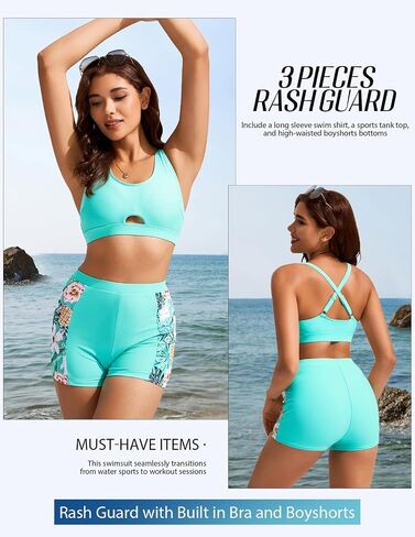 Kate Kasin Women's 3 Piece Rash Guard UV Sun Protection Long Sleeve Swimsuits Built-in Bra Zip Up Swim Shirts with Boyshorts in Saudi Arabia
