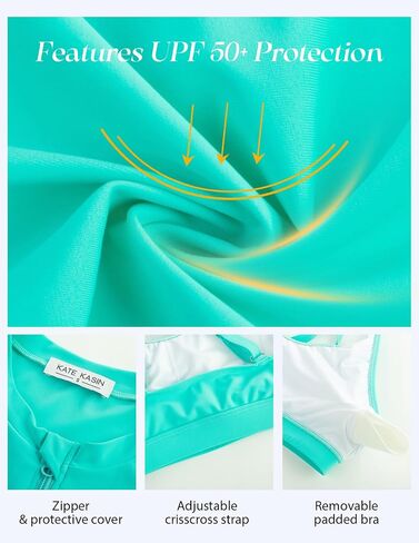 Kate Kasin Women's 3 Piece Rash Guard UV Sun Protection Long Sleeve Swimsuits Built-in Bra Zip Up Swim Shirts with Boyshorts in Saudi Arabia