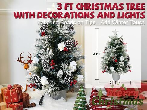 3FT Christmas Tree with 12cm Top Star, Artificial Flocked Fiber Optic Christmas Tree with 60 Mixed Branch Tips & 9*White House & 12*Red Berry and Big Pinecone String for Indoor Outdoor in Saudi Arabia