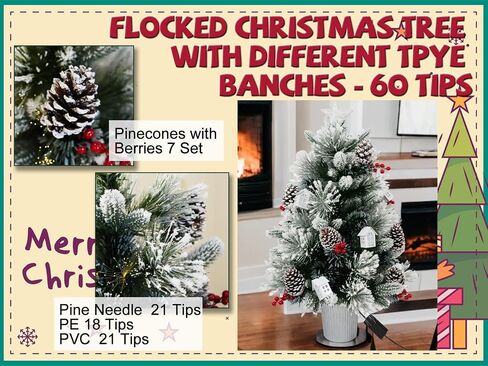 3FT Christmas Tree with 12cm Top Star, Artificial Flocked Fiber Optic Christmas Tree with 60 Mixed Branch Tips & 9*White House & 12*Red Berry and Big Pinecone String for Indoor Outdoor in Saudi Arabia