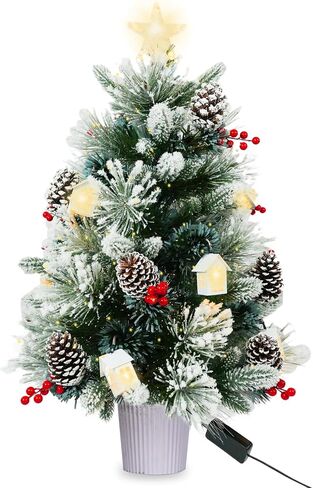 3FT Christmas Tree with 12cm Top Star, Artificial Flocked Fiber Optic Christmas Tree with 60 Mixed Branch Tips & 9*White House & 12*Red Berry and Big Pinecone String for Indoor Outdoor in Saudi Arabia