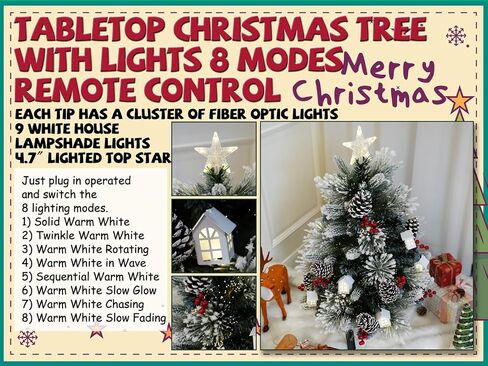 3FT Christmas Tree with 12cm Top Star, Artificial Flocked Fiber Optic Christmas Tree with 60 Mixed Branch Tips & 9*White House & 12*Red Berry and Big Pinecone String for Indoor Outdoor in Saudi Arabia