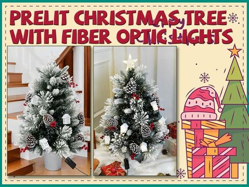 3FT Christmas Tree with 12cm Top Star, Artificial Flocked Fiber Optic Christmas Tree with 60 Mixed Branch Tips & 9*White House & 12*Red Berry and Big Pinecone String for Indoor Outdoor in Saudi Arabia