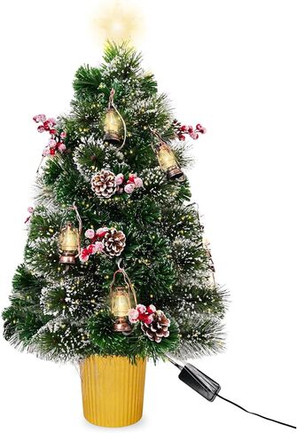 3FT Christmas Tree with 12cm Top Star, Artificial Flocked Fiber Optic Christmas Tree with 60 Mixed Branch Tips & 9*White House & 12*Red Berry and Big Pinecone String for Indoor Outdoor in Saudi Arabia
