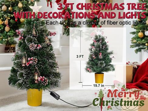 3FT Christmas Tree with 12cm Top Star, Artificial Flocked Fiber Optic Christmas Tree with 60 Mixed Branch Tips & 9*White House & 12*Red Berry and Big Pinecone String for Indoor Outdoor in Saudi Arabia