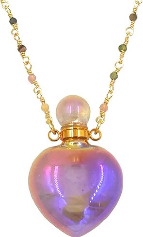 قلادة زجاجة عطر شفاء على شكل قلب من ANGEL AURA مع سلسلة تورمالين مطلية بالذهب عيار 14 قيراط - مليئة بالعطور والزيوت العطرية + الزيوت السحرية in Saudi Arabia