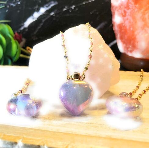 قلادة زجاجة عطر شفاء على شكل قلب من ANGEL AURA مع سلسلة تورمالين مطلية بالذهب عيار 14 قيراط - مليئة بالعطور والزيوت العطرية + الزيوت السحرية in Saudi Arabia