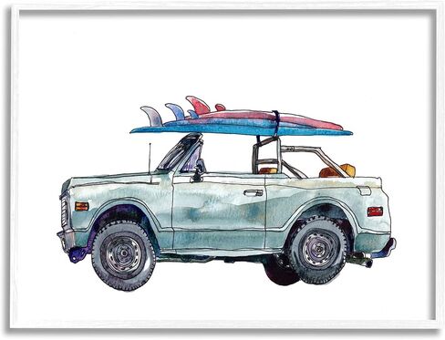 Stupell Industries Retro Beach Cruiser with Surfboard Minimal Illustration, Design by Paul McCreery White Framed Wall Art, 24 x 30 in Saudi Arabia
