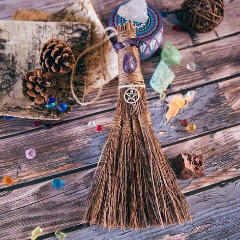 Witches Broom Handmade Altar Protection Besom Amethyst Pentacle Pendant Set Wicca Ritual Broom for Witchy Decor,Majic Ceremonial,Halloween Décor in Saudi Arabia