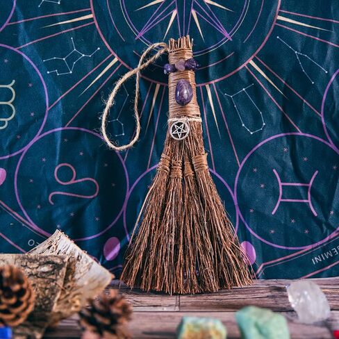 Witches Broom Handmade Altar Protection Besom Amethyst Pentacle Pendant Set Wicca Ritual Broom for Witchy Decor,Majic Ceremonial,Halloween Décor in Saudi Arabia