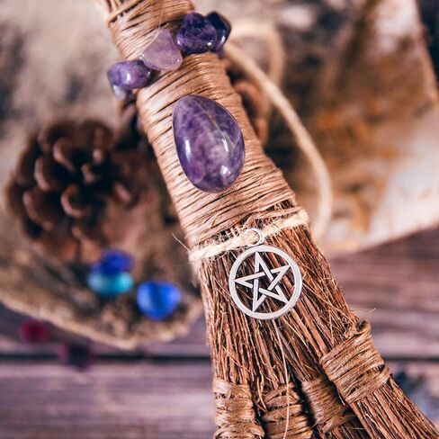 Witches Broom Handmade Altar Protection Besom Amethyst Pentacle Pendant Set Wicca Ritual Broom for Witchy Decor,Majic Ceremonial,Halloween Décor in Saudi Arabia