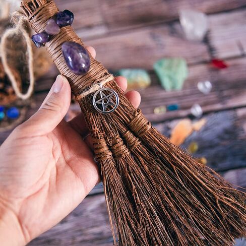 Witches Broom Handmade Altar Protection Besom Amethyst Pentacle Pendant Set Wicca Ritual Broom for Witchy Decor,Majic Ceremonial,Halloween Décor in Saudi Arabia