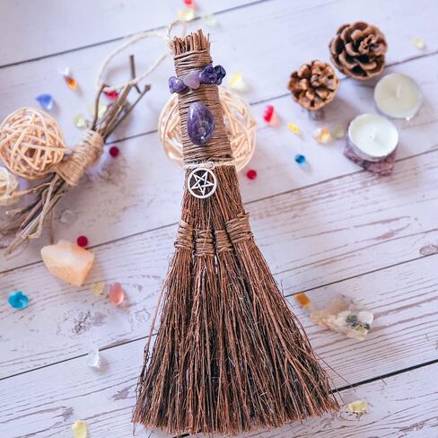 Witches Broom Handmade Altar Protection Besom Amethyst Pentacle Pendant Set Wicca Ritual Broom for Witchy Decor,Majic Ceremonial,Halloween Décor in Saudi Arabia