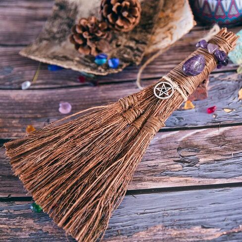 Witches Broom Handmade Altar Protection Besom Amethyst Pentacle Pendant Set Wicca Ritual Broom for Witchy Decor,Majic Ceremonial,Halloween Décor in Saudi Arabia