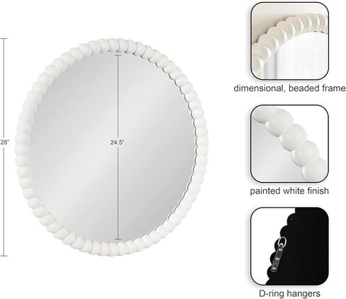 Kate and Laurel Bronte Modern Glam Round Beaded Wall Mirror, 28 Inch Diameter, White, Transitional Circle Mirror for Use as Vanity Bathroom Mirror or Cute Nursery Mirror Decor in Saudi Arabia
