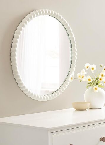 Kate and Laurel Bronte Modern Glam Round Beaded Wall Mirror, 28 Inch Diameter, White, Transitional Circle Mirror for Use as Vanity Bathroom Mirror or Cute Nursery Mirror Decor in Saudi Arabia
