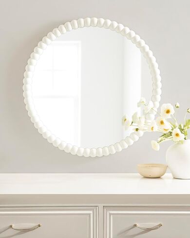 Kate and Laurel Bronte Modern Glam Round Beaded Wall Mirror, 28 Inch Diameter, White, Transitional Circle Mirror for Use as Vanity Bathroom Mirror or Cute Nursery Mirror Decor in Saudi Arabia