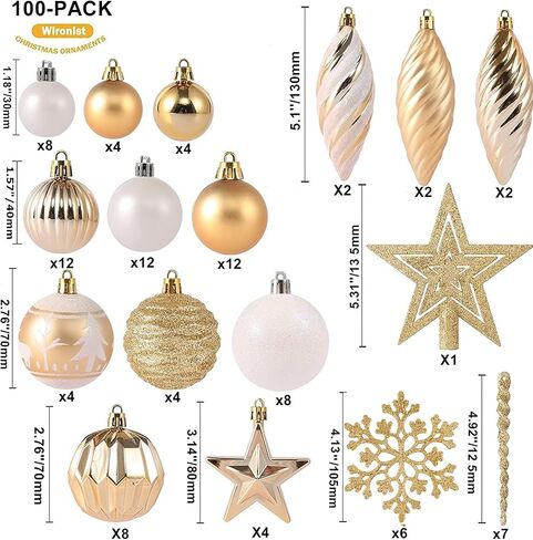 100ct Christmas Ball Ornaments Set - Assorted Shatterproof Hanging Tree Ornament Set with Reusable Hand-held Gift Package for Xmas Tree Holiday Party and Home Decor (Gold) in Saudi Arabia